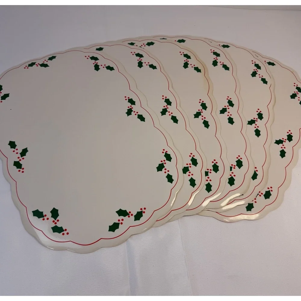6 Vintage Placemat Set Holly Berry Christmas Holiday Oval Vinyl MCM Granny Core